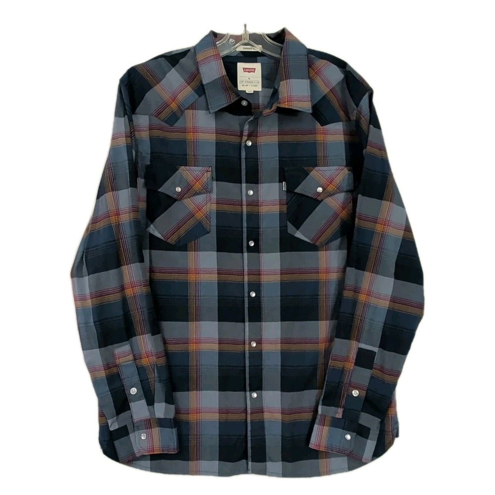 Levi Pearl Snap Long Sleeve Shirt Mens‎ XL Blue Plaid Western Rodeo Landman
